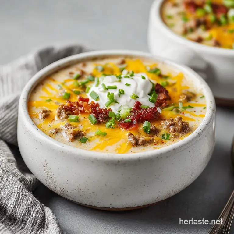 A bowl of rich cheeseburger soup, swirled with cream, topped with crispy bacon bits and a sprig of parsley.