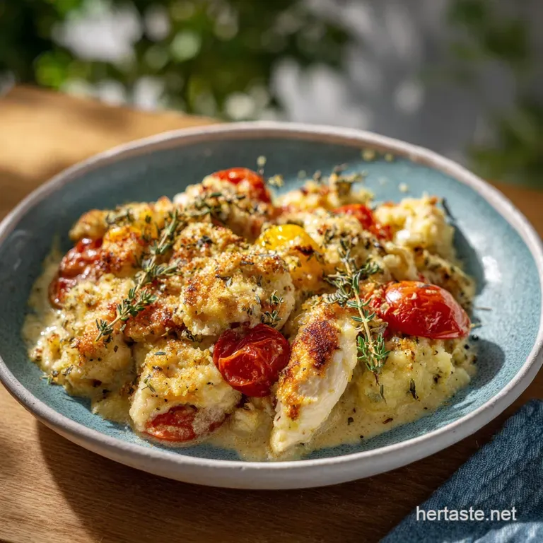 Creamy chicken casserole served in a white dish, garnished with fresh parsley, showcasing its rich, golden-brown surface.