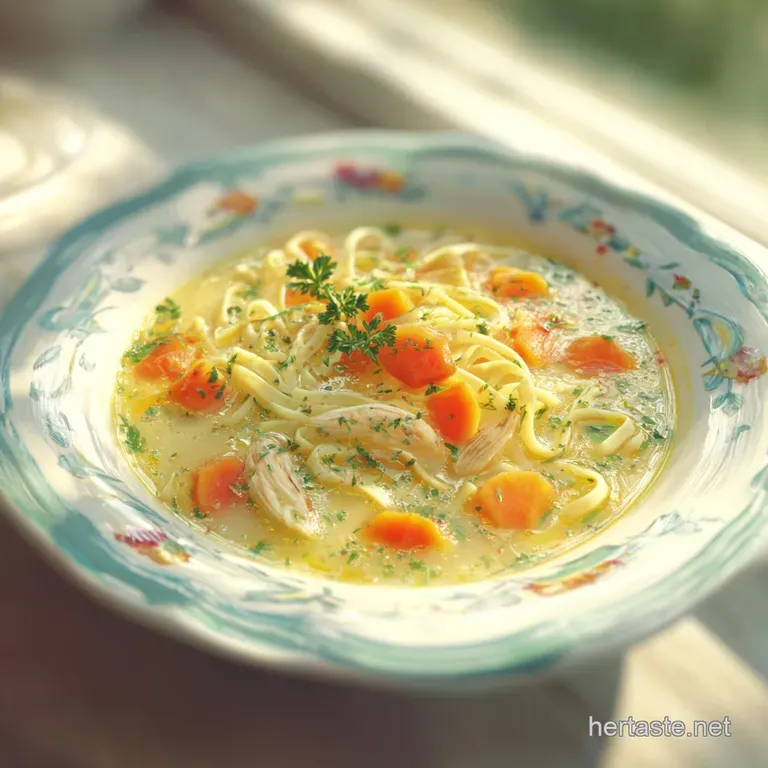 Creamy chicken noodle soup elegantly served in a white bowl, garnished with herbs, and a crusty bread slice alongside.