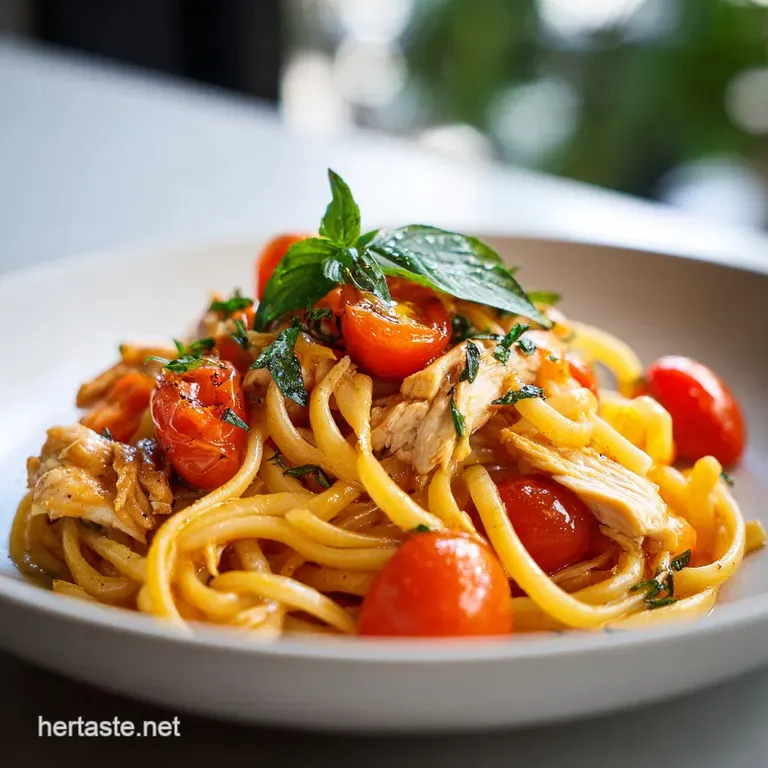 A comforting swirl of creamy pasta and chicken, topped with vibrant green herbs on a rustic white plate.