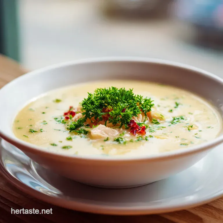 A white bowl brimming with chicken potato soup, garnished with fresh parsley and a swirl of cream.