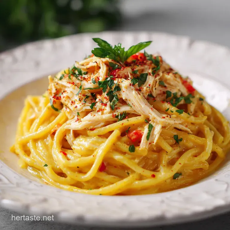 A generous swirl of cheesy chicken spaghetti served in a rustic bowl, garnished with vibrant green herbs.