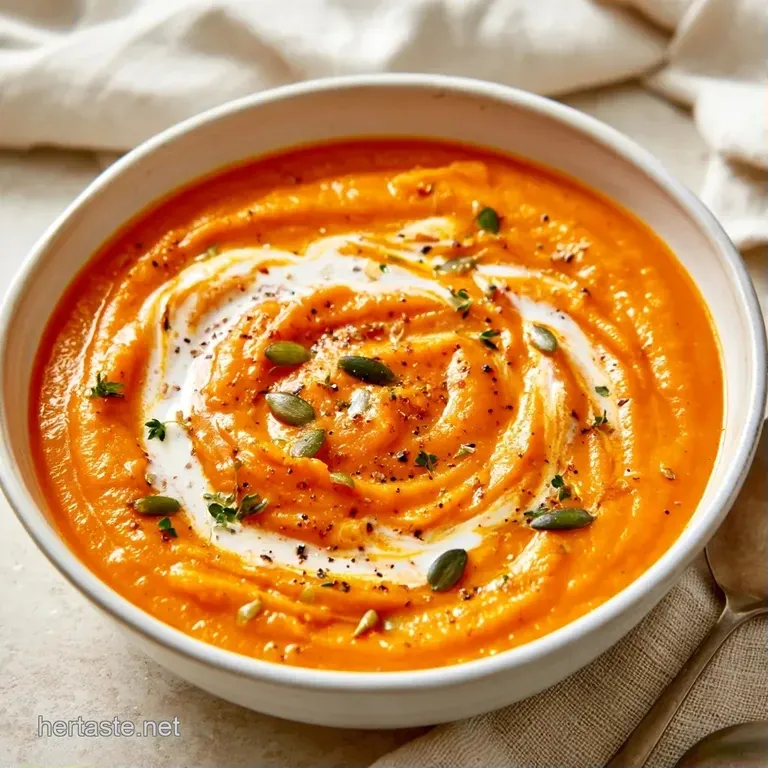 A matte black bowl of vibrant orange soup with a coconut milk drizzle and a sprig of fresh green parsley.