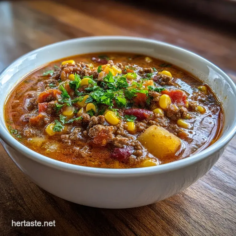 Elegantly plated cowboy soup featuring tender beef and veggies in a luscious cream base, garnished with herbs and a swirl ...