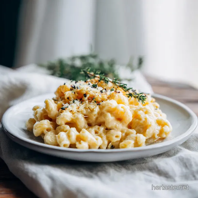 A comforting scoop of creamy mac and cheese in a rustic bowl, garnished with fresh parsley.