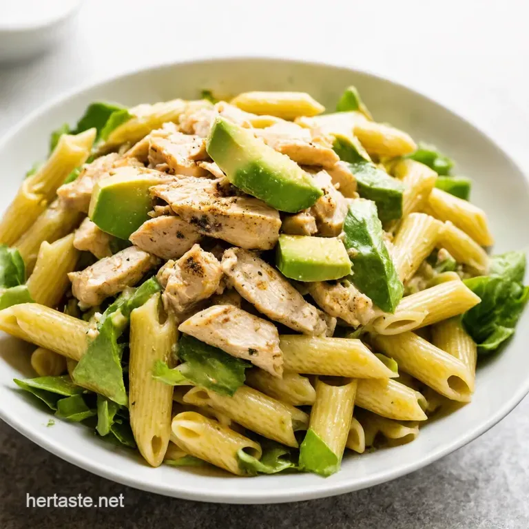 Creamy Dreamy Chicken Pasta Salad with Avocado Tomato presentation