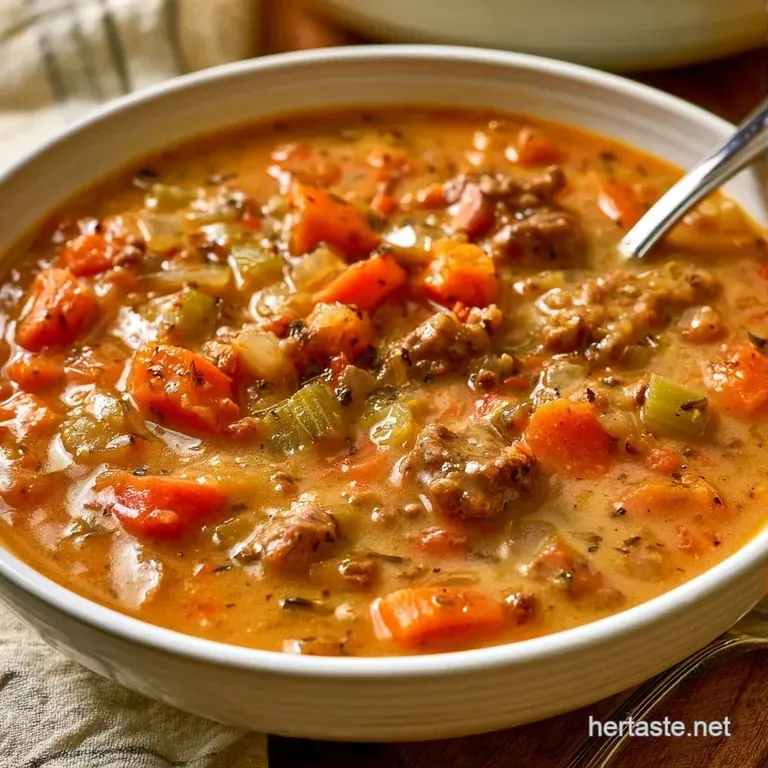 White ceramic bowl of thick savory stew garnished with a cream swirl and fresh herbs on a rustic wooden table.