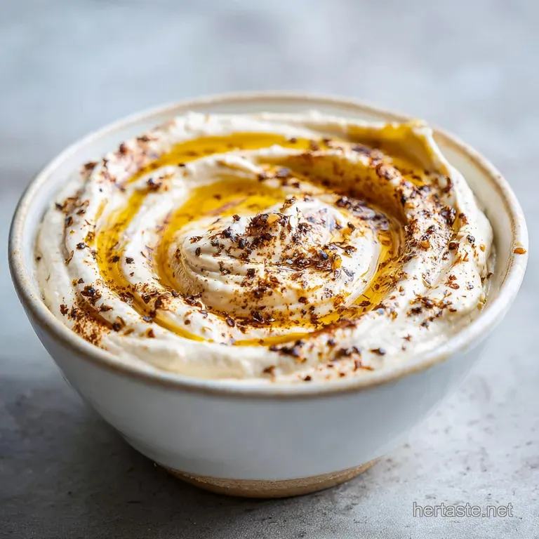 Creamy hummus spread artfully on a plate, topped with whole chickpeas, za'atar, and a vibrant green sprig of parsley.