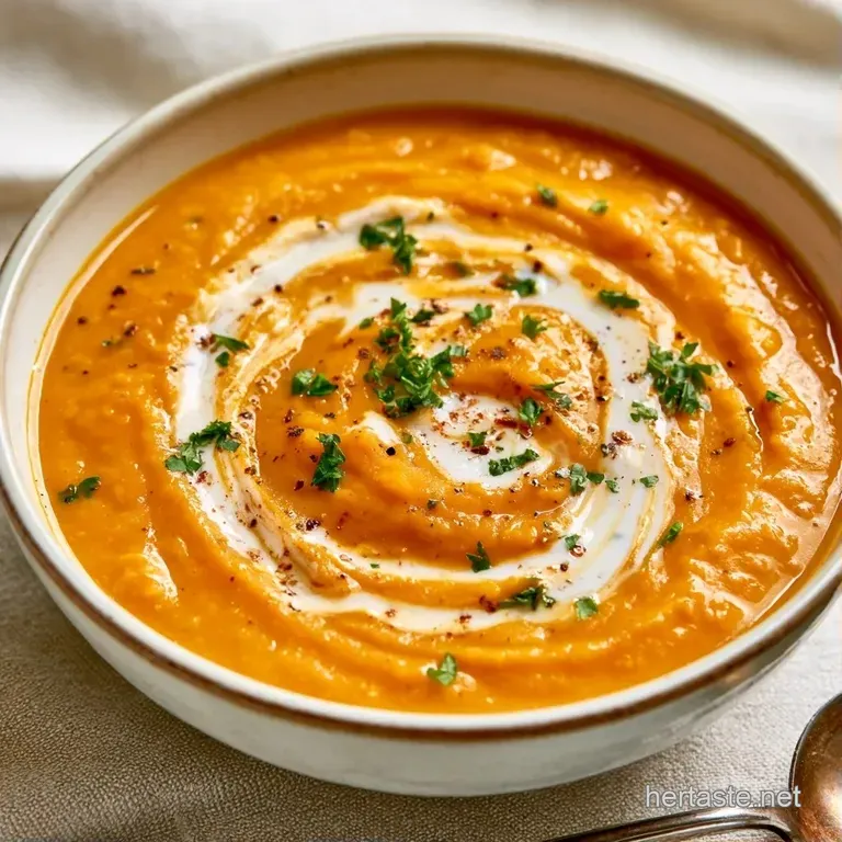 Elegant white bowl filled with smooth yellow soup, decorated with coconut milk swirls and a sprig of fresh cilantro.