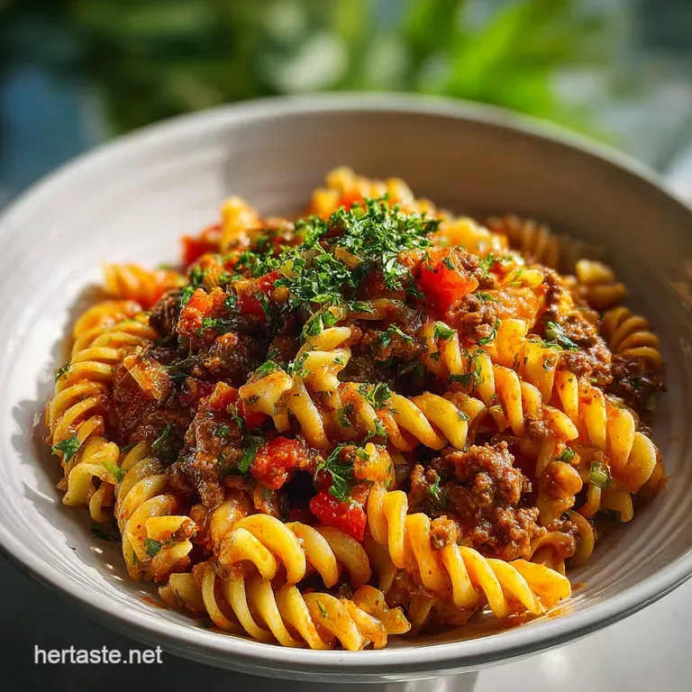 A swirl of cheesy, tomato-infused pasta piled high, flecked with ground beef and garnished with fresh parsley on a white p...
