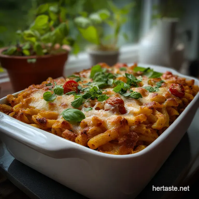 Creamy pasta bake, beautifully plated. A portion is scooped, revealing the tender pasta and vibrant, fresh vegetables.