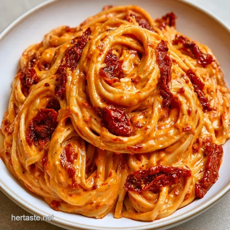 Elegant swirl of pasta in a creamy orange sauce, garnished with deep red tomato slices and a dusting of parmesan.