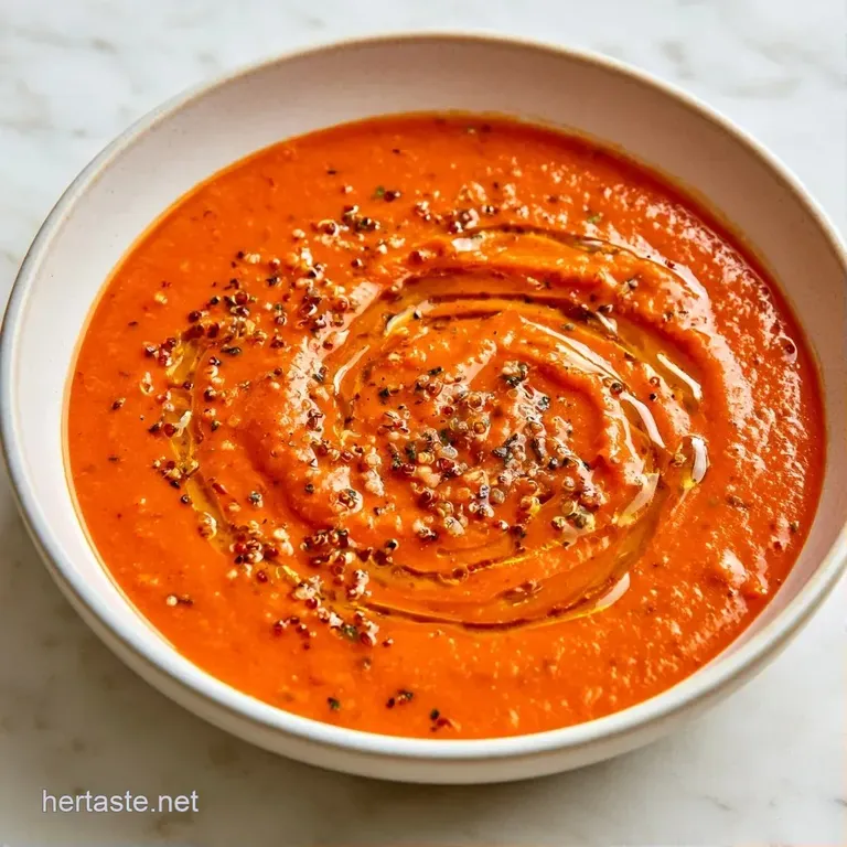 Vibrant orange soup in a ceramic bowl with a swirl of white cream, fresh basil leaves, and a side of crusty bread.