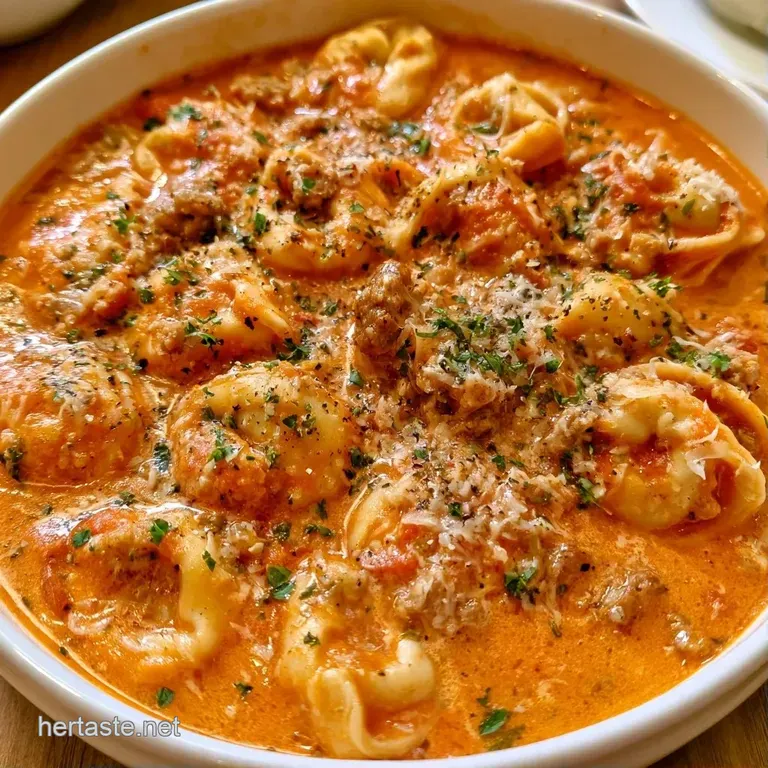 Elegant white bowl of vibrant red soup with stuffed pasta and a swirl of cream on a rustic wooden table surface.