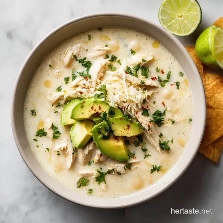 A rustic bowl brimming with creamy white chicken chili, topped with dollops of sour cream and fresh cilantro.