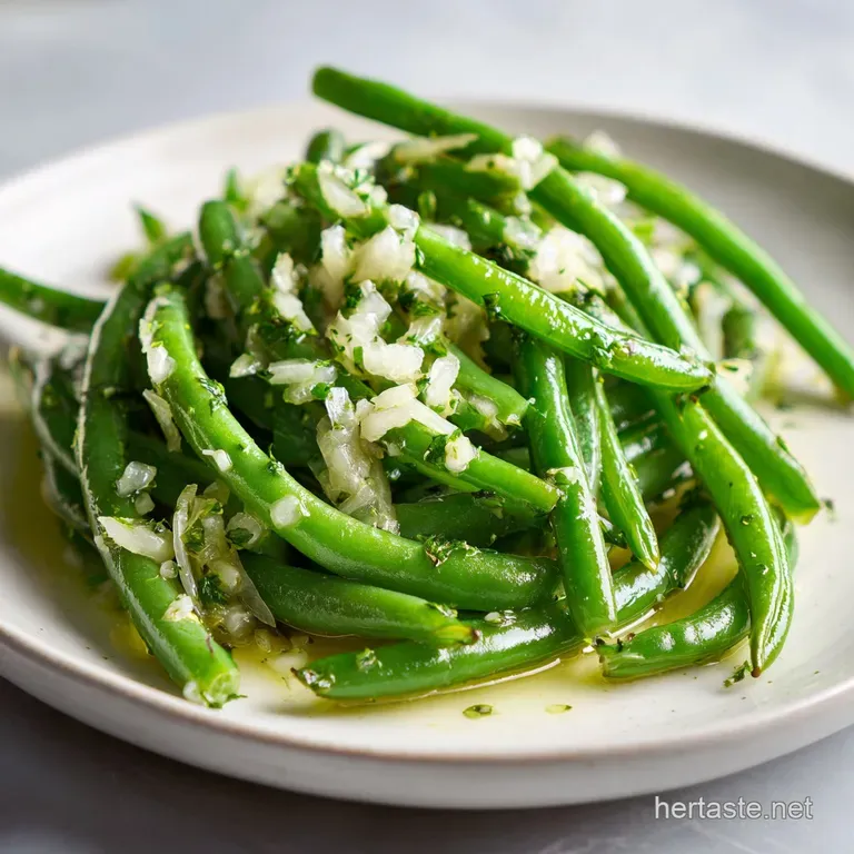 Elegant plating of green bean salad: vibrant greens, crumbled feta, and toasted almonds, drizzled with a bright, tangy vin...