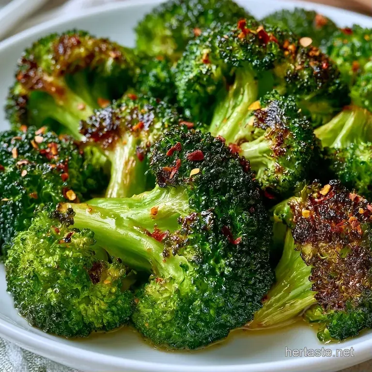 Charred green florets arranged neatly in a white ceramic bowl with a squeeze of lemon and red pepper flakes.