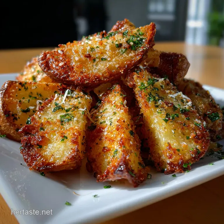 Golden potato wedges, crispy edges dusted with herbs, scattered across a dark baking sheet, enticing aromas rising. A comf...