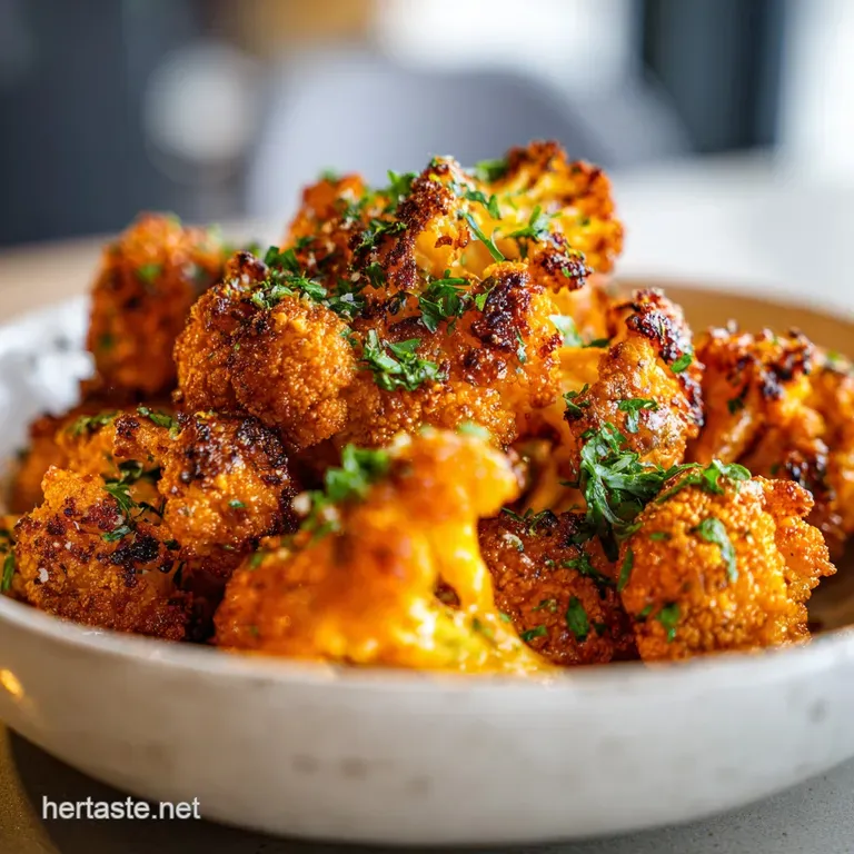 Crisp buffalo cauliflower arranged artfully on a plate, vibrant sauce drizzled. Fresh parsley adds pops of green.