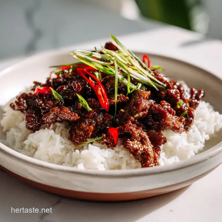 Crisp chilli beef plated with fluffy white rice and vibrant greens; steam rises, hinting at the warmth of the dish.