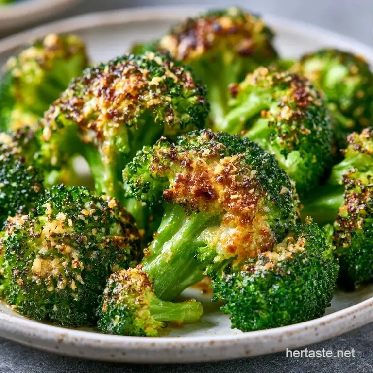 Charred broccoli florets dusted with golden parmesan cheese served on a minimalist white porcelain platter.