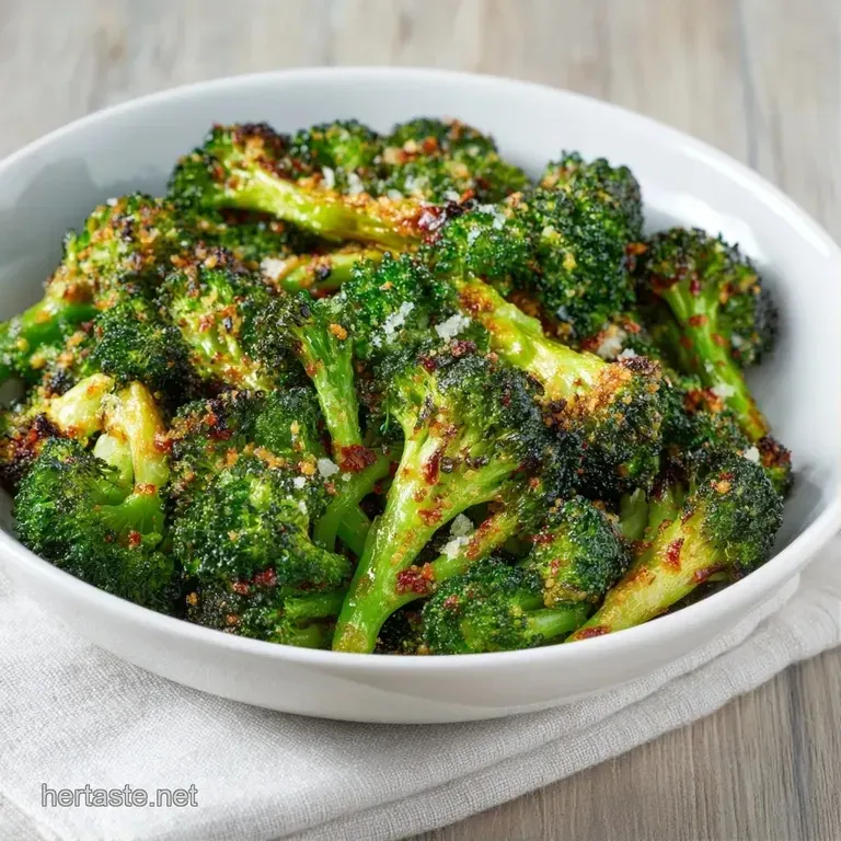 Tender green florets with crispy edges piled high on a matte white plate, garnished with lemon zest and red pepper.