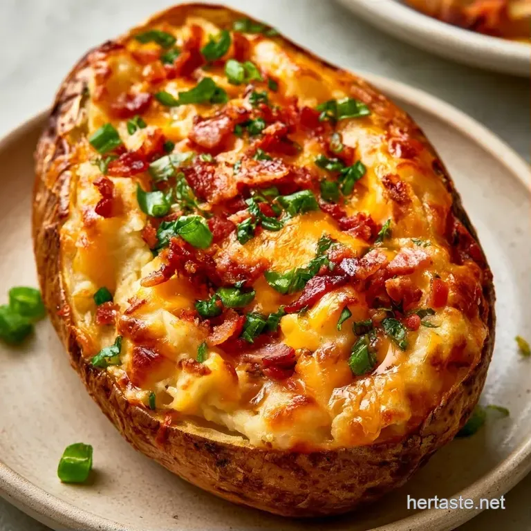 A baked potato on a white plate, topped with molten yellow cheese, cool white cream, and sliced green onions.