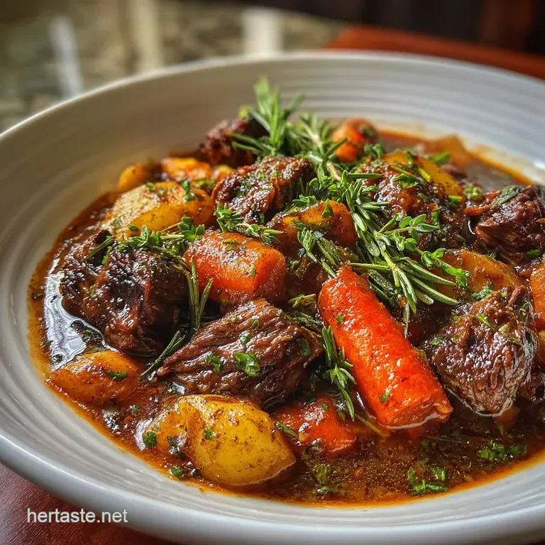 A spoonful of tender beef stew lifted, showing the dark gravy, carrots, and chunks of browned meat. Garnished with vibrant...