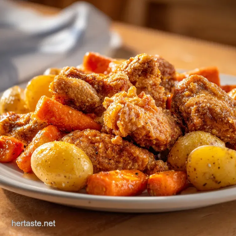 Tender chicken thighs and colorful root vegetables elegantly plated with a rich, velvety brown sauce and parsley.