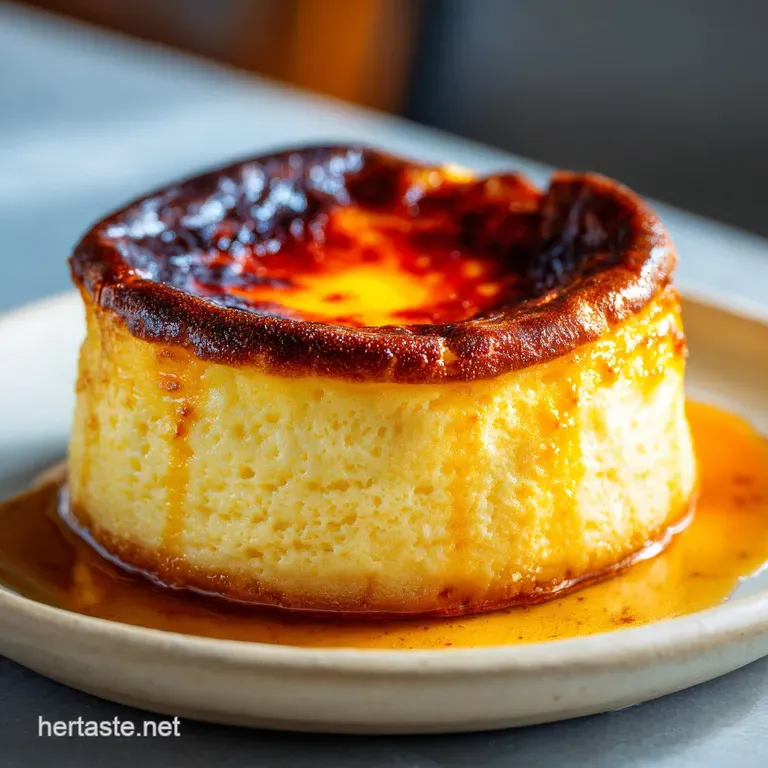 Slice of creamy Basque cheesecake on a white plate, the caramelized top contrasting with its soft, pale interior.