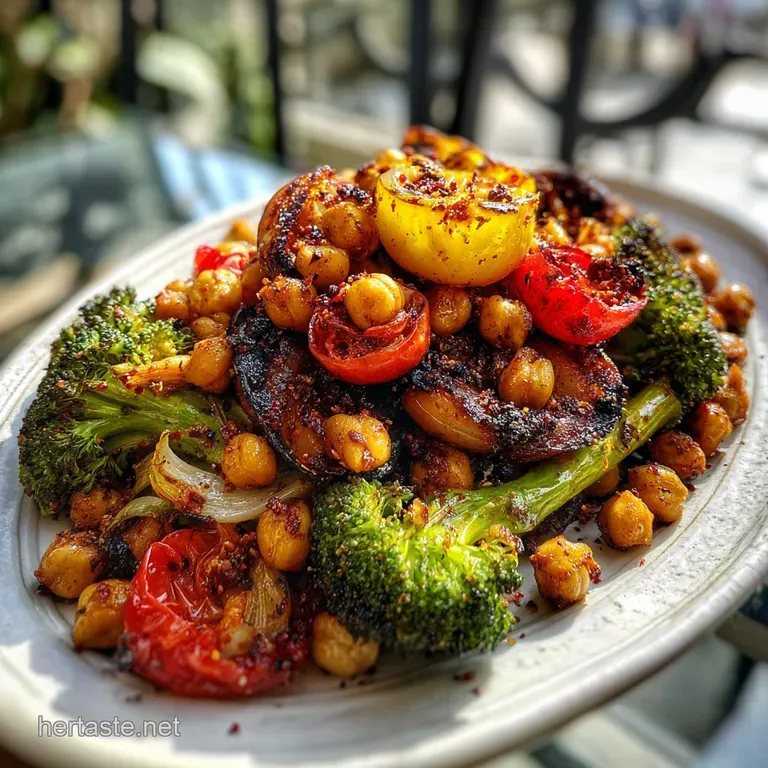 Artfully arranged roasted vegetables on a white plate. Tender textures meet caramelized edges, hints of herbs sprinkled th...