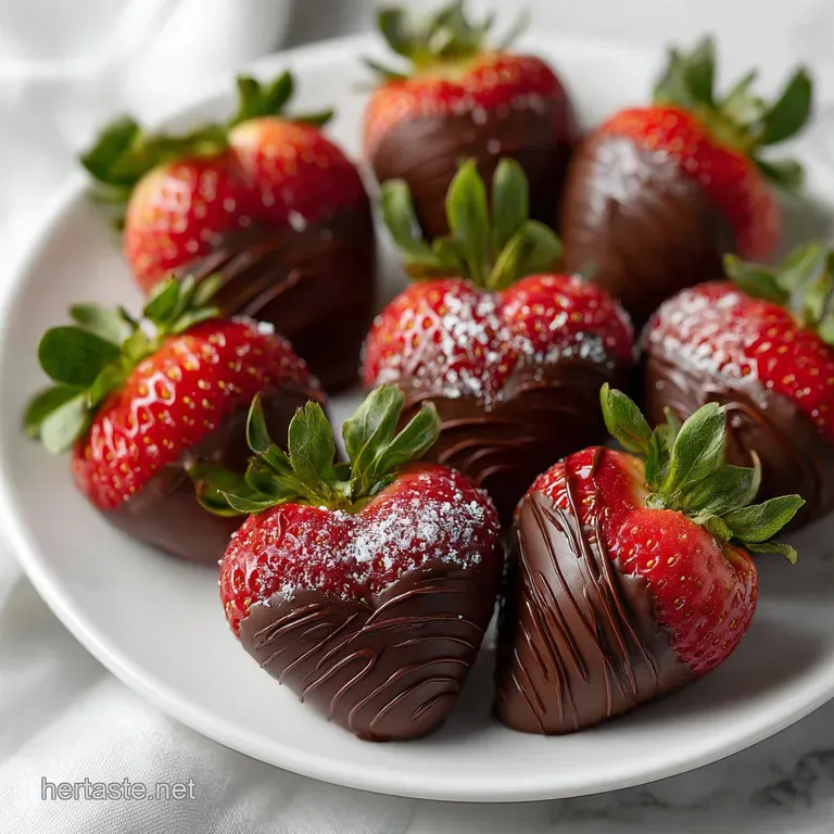 A tower of glistening chocolate strawberries artfully arranged on a white plate, reflecting light. A decadent dessert disp...