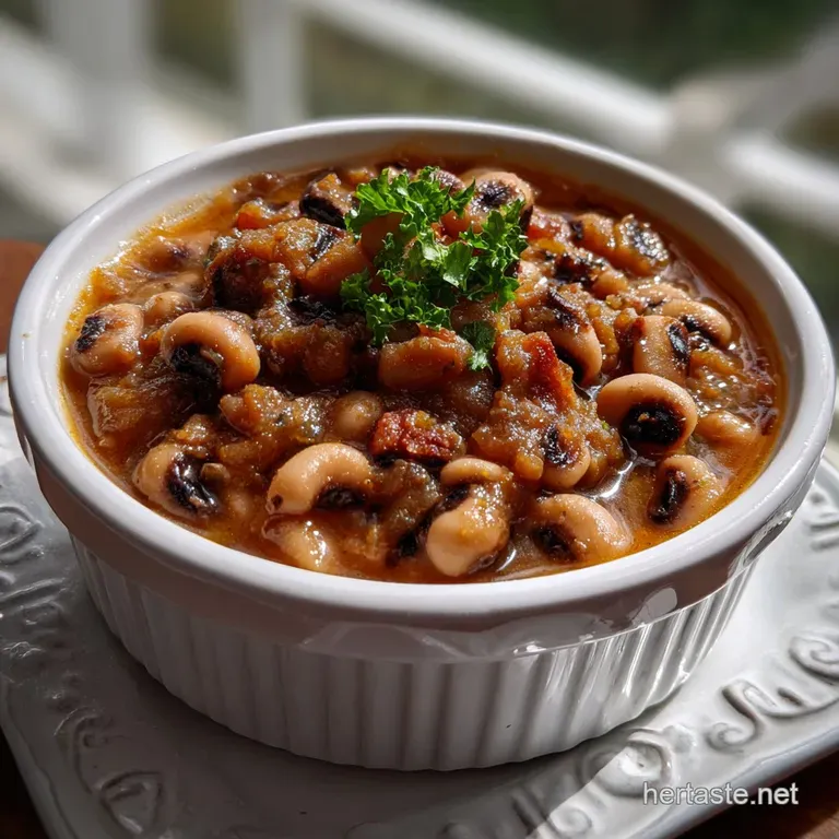 Creamy black-eyed peas artfully arranged in a shallow bowl, garnished with a swirl of olive oil and a sprinkle of fresh pa...