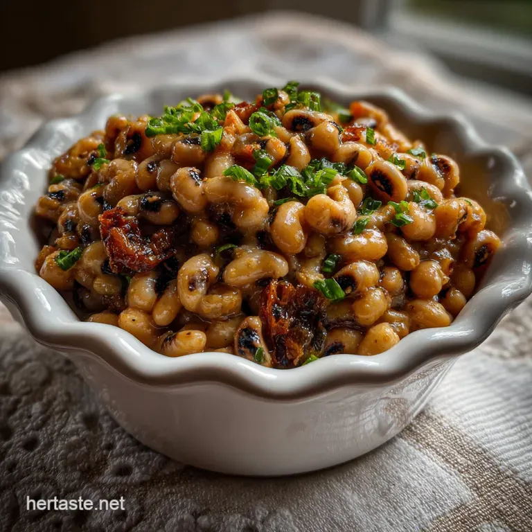 Vibrant black-eyed peas simmered with vegetables, golden cornbread crumble, and fresh herbs, a hearty and flavorful dish, ...