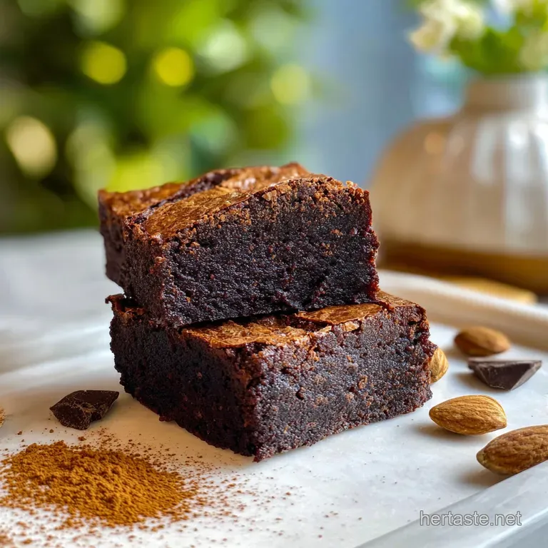Glossy, fudgy brownie slice on a white plate, garnished with a delicate chocolate swirl and dusting of cocoa. Dessert eleg...