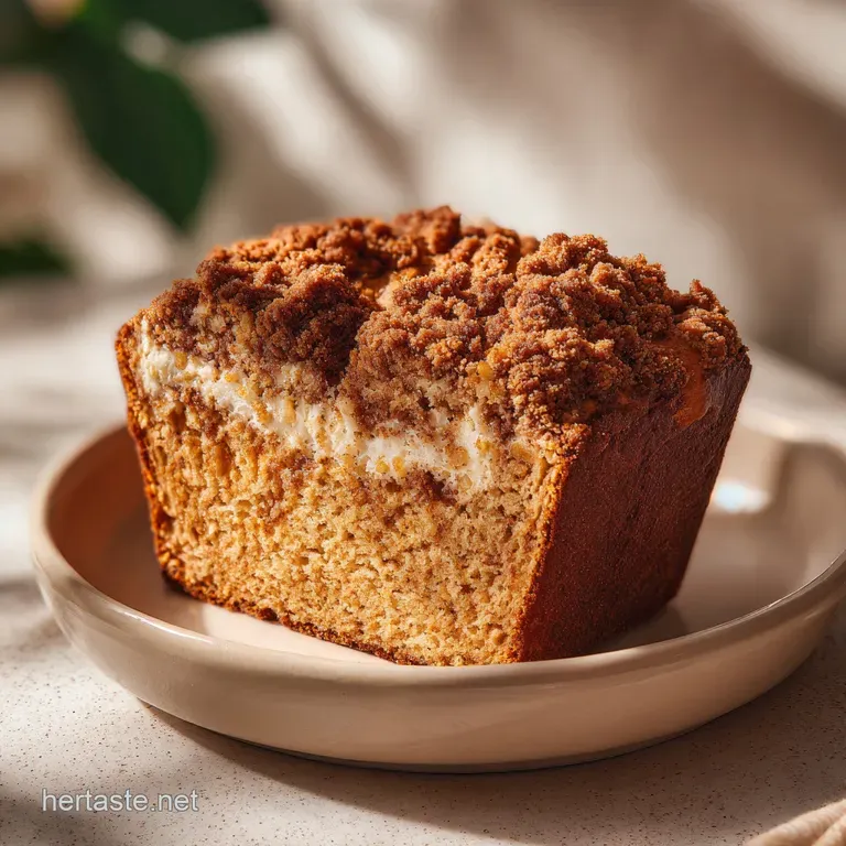 A warm slice of spiced apple bread on a white plate, revealing tender crumb and buttery streusel.