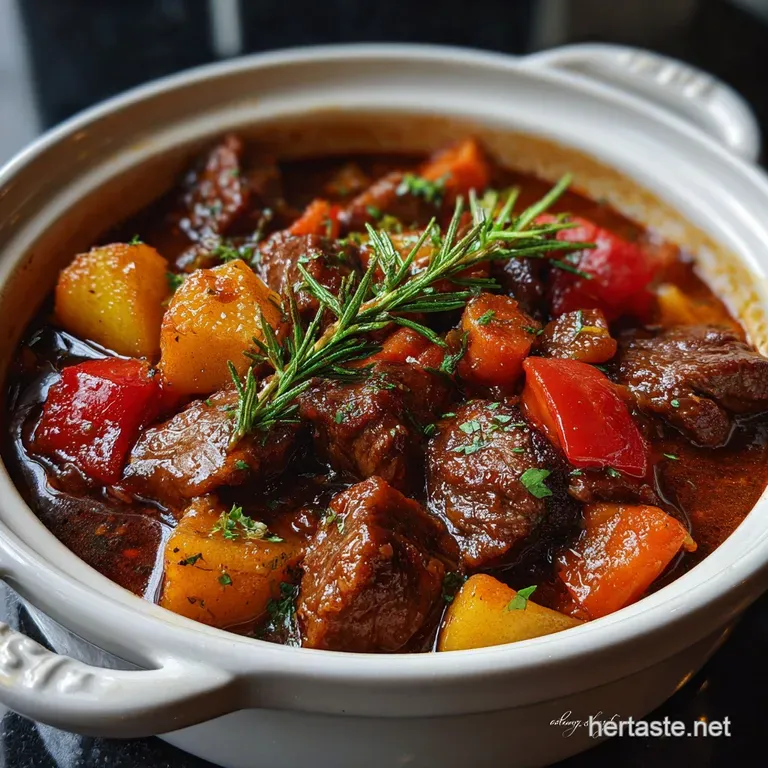 A spoonful of hearty beef stew, glistening with savory broth, elegantly plated with a sprig of fresh thyme for garnish.