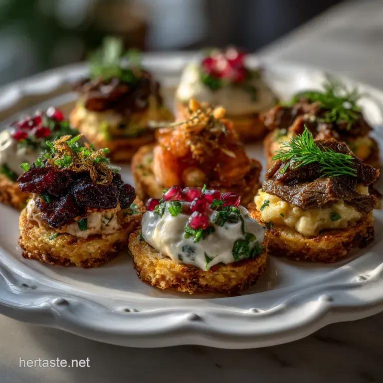 Elegant display of bite-sized appetizers on a tiered platter. Garnished with fresh herbs, showcasing a variety of textures...