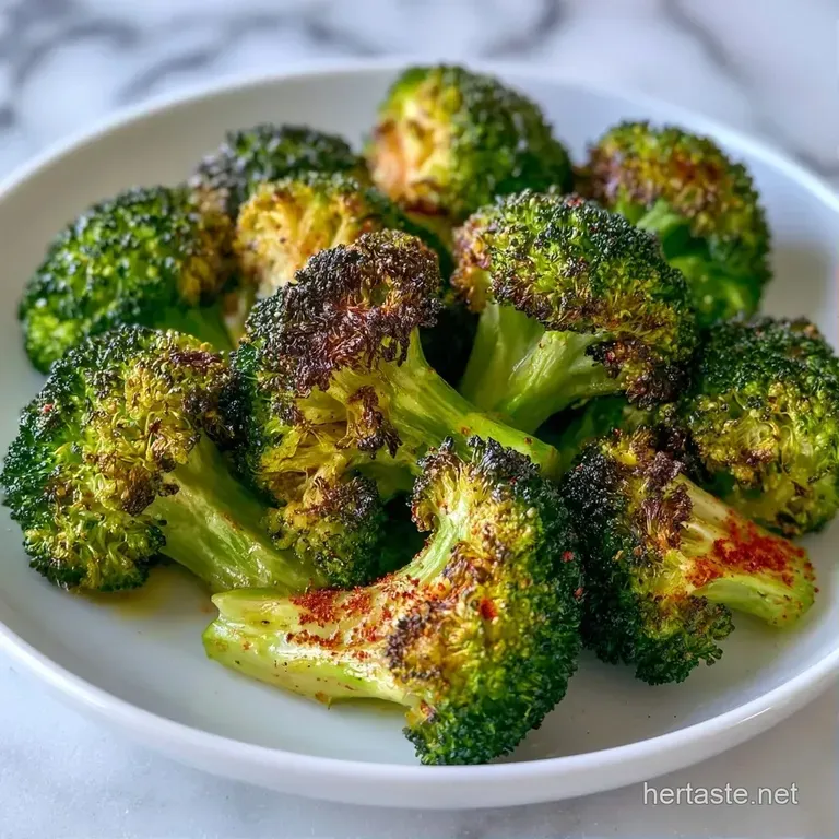 Toasted green broccoli florets piled on a white ceramic plate, garnished with a sprinkle of flaky sea salt.