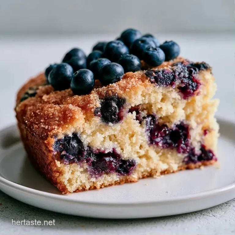 A slice of moist cake on a white ceramic plate, served with fresh blueberries and a polished silver fork.