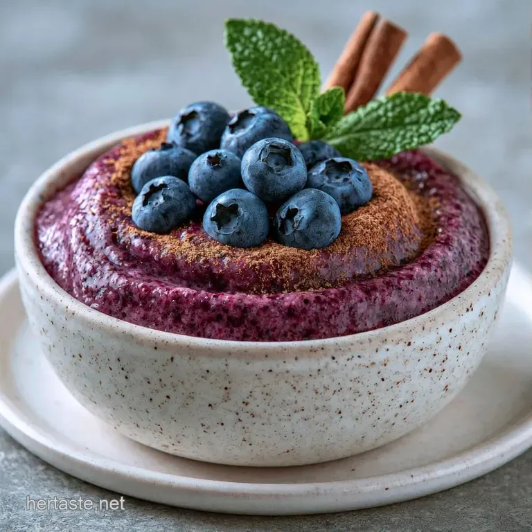 A frosted glass of creamy purple drink on a marble slab, beside a bowl of blueberries and a silver straw.