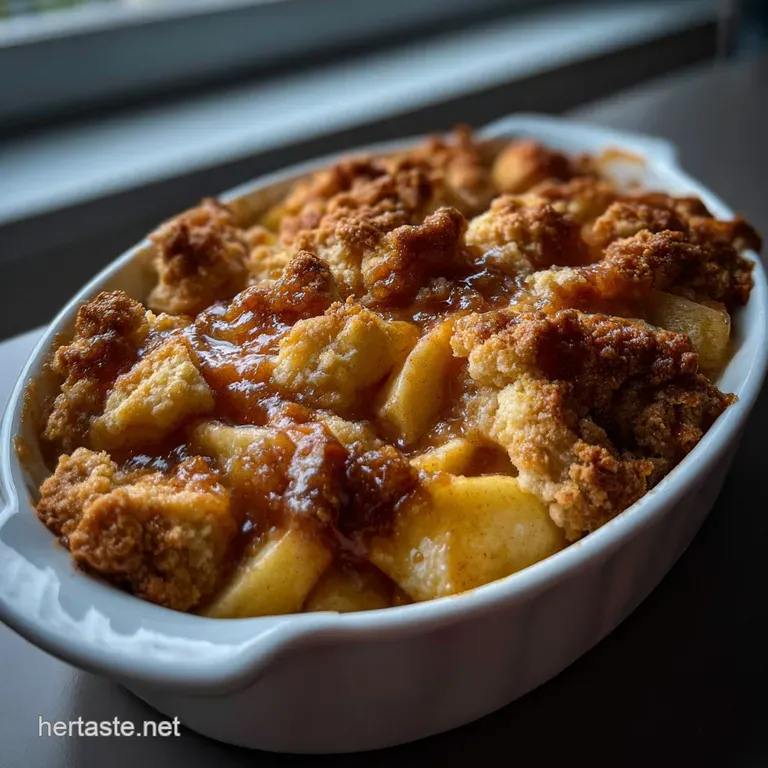 Warm, golden apple cobbler with a crisp, buttery topping. Plated elegantly with a scoop of vanilla ice cream melting on th...