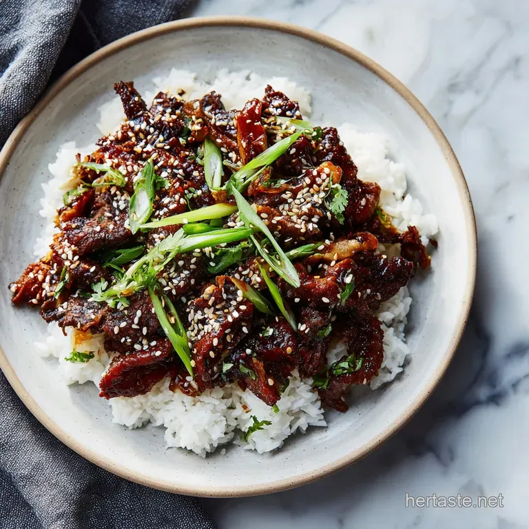 A perfectly plated portion of tender bulgogi, garnished with scallions and sesame, next to fluffy white rice.