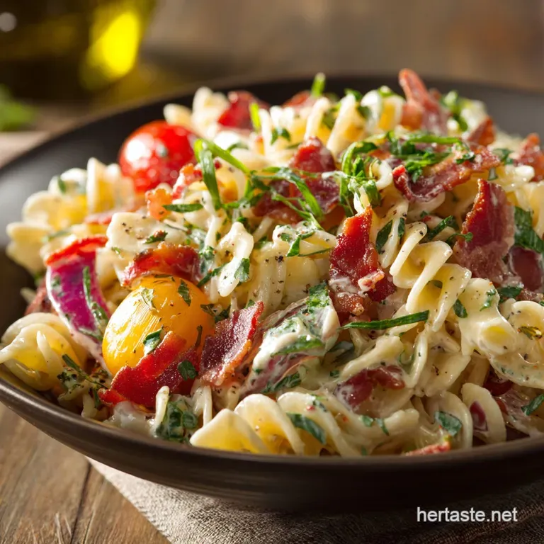 Blt Pasta Salad: Smoky Bacon Creamy Dressing and Crisp Romaine presentation
