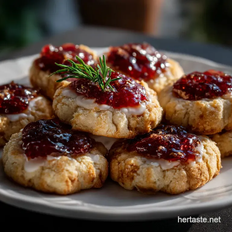 Pale, buttery thumbprint cookies, glistening with a shattered sugar glaze, elegantly arranged on a white plate.