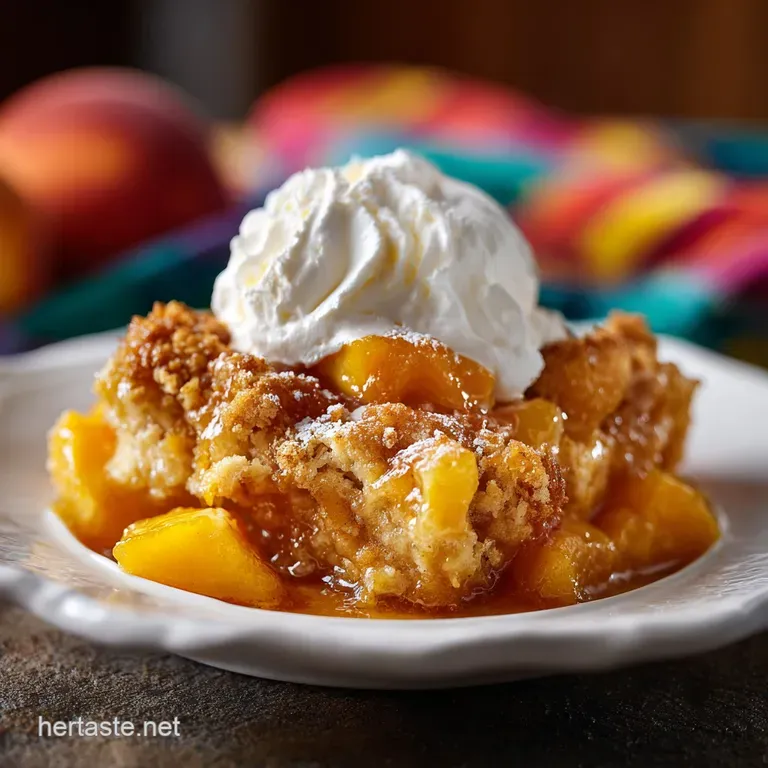 Warm peach cobbler served in a rustic bowl, a scoop of melting vanilla ice cream on top, hinting at its sweet, comforting ...