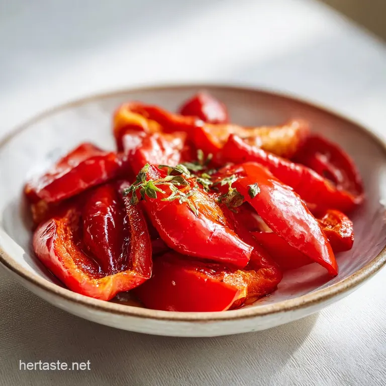 A single, vibrant red pepper, elegantly plated, skin slightly charred, glistening with oil, herbs sprinkled adding a pop o...