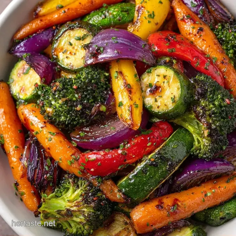 Vibrant medley of oven-roasted root vegetables artfully piled on a white platter and garnished with fresh parsley.