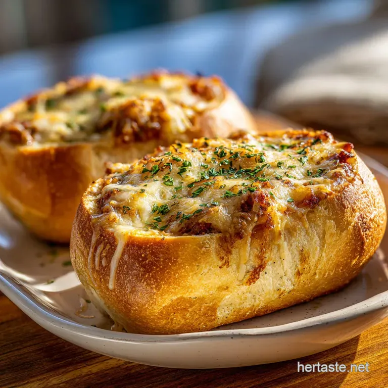 A single garlic bread bowl piled high with glistening spaghetti, a sprinkle of herbs, inviting steam rising.