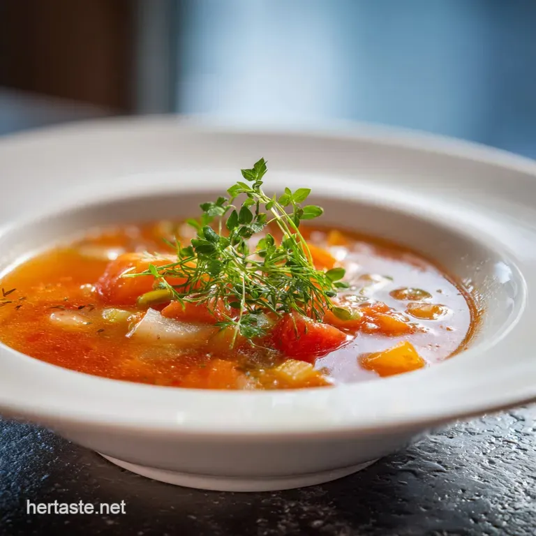Elegant bowl of vegetable soup, garnished with a swirl of cream and vibrant green herbs. The smooth broth reflects the light.